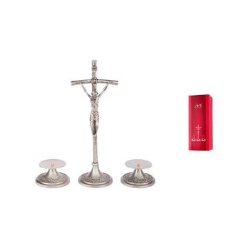 Réz szett PÁPAI antikolt 31cm nikkel (1db álló feszület + 2db gyertyatartó) 00-13