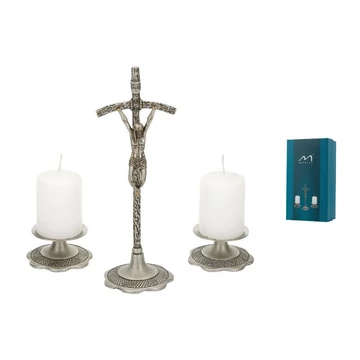 Réz szett PÁPAI  antikolt NIKKEL (1db álló feszület + 2db gyertyatartó) kicsi 00-05