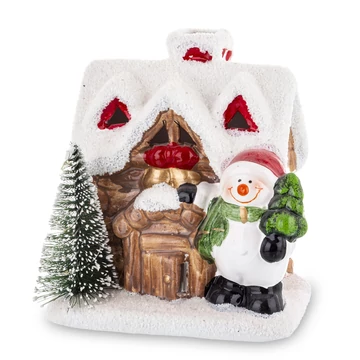 Téli házikó Hóemberrel világító 12,5cm 159965