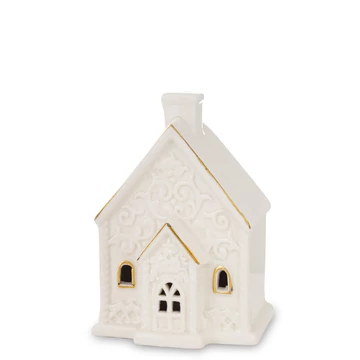 Házikó kerámia fehér/arany világító 10cm