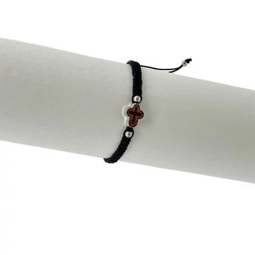 Karkötő fekete makramé bordó/fekete fém kereszttel