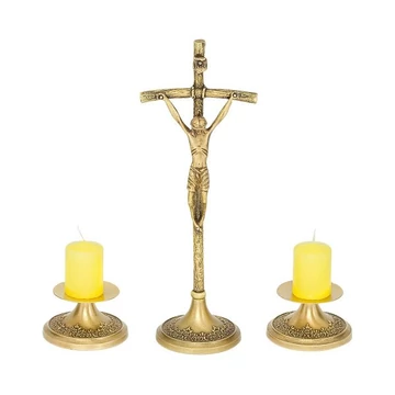 Réz szett PÁPAI antikolt 31cm (1db álló feszület + 2db gyertyatartó) 00-14