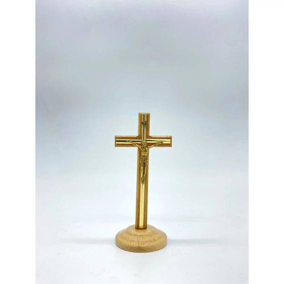 Feszület natúr álló arany csíkkal 14cm fa