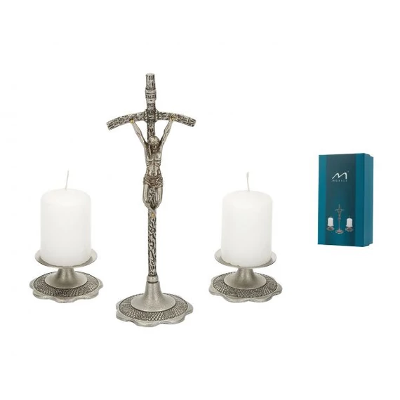 Réz szett PÁPAI  antikolt NIKKEL (1db álló feszület + 2db gyertyatartó) kicsi 00-05