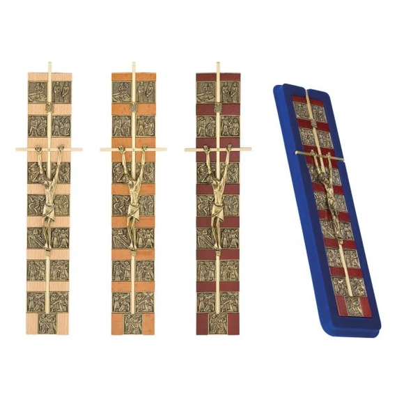 Réz/fa feszület stációkkal nagy cseresznye/arany