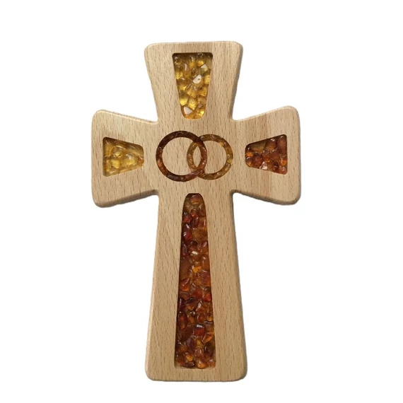 Feszület fa borostyán betétes esküvői 20cm