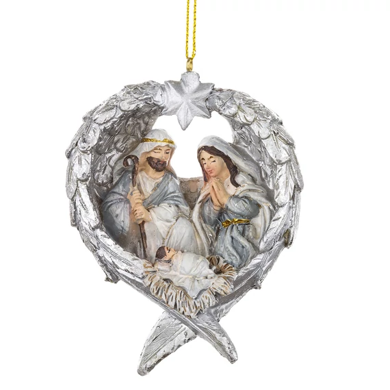 Karácsonyfa dísz Szent Család szárnyak közt ezüst