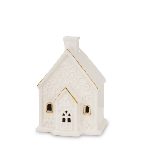 Házikó kerámia fehér/arany világító 10cm