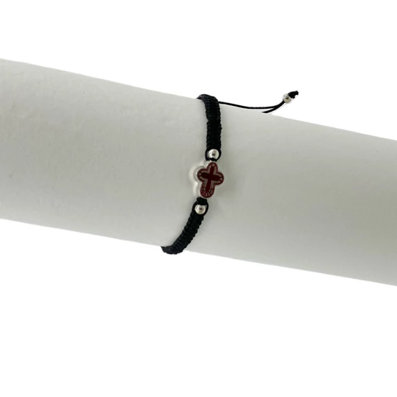 Karkötő fekete makramé bordó/fekete fém kereszttel