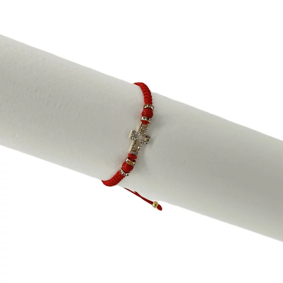 Karkötő makramé piros köves arany színű kereszttel