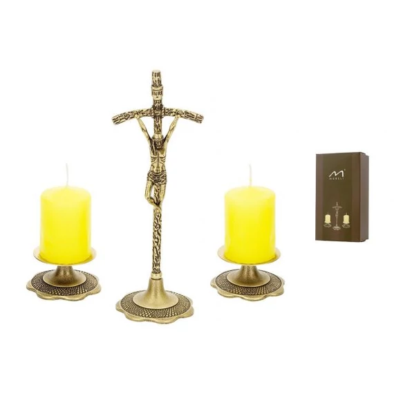 Réz szett PÁPAI  antikolt (1db álló feszület + 2db gyertyatartó) kicsi 00-06