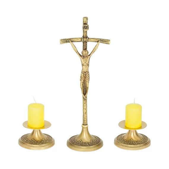 Réz szett PÁPAI antikolt 31cm (1db álló feszület + 2db gyertyatartó) 00-14