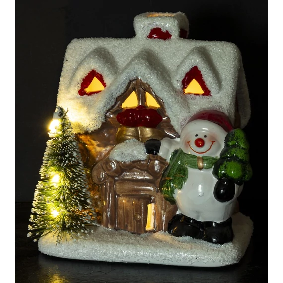 Téli házikó Hóemberrel világító 12,5cm 159965